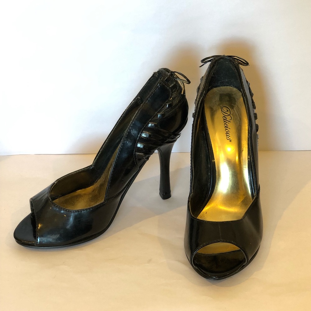 Patten Leather Faux Lace Back Peep Toe Heels